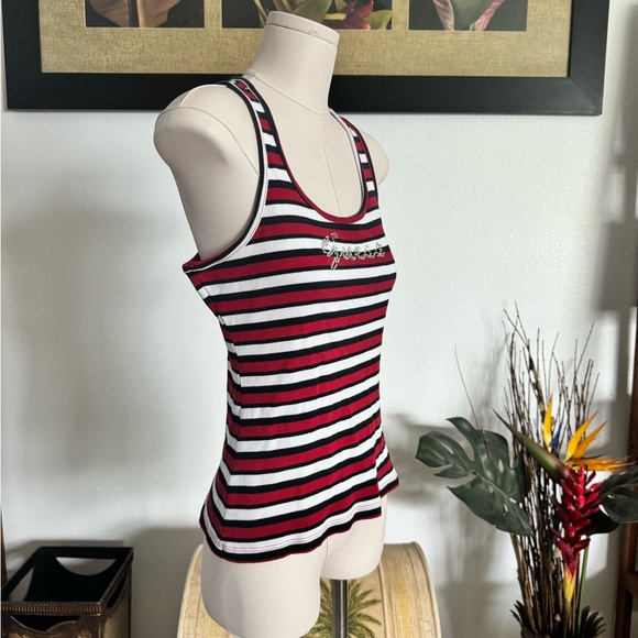 Guess Women's Red and Black Racer back Tank Vintage Y2K Striped Rhinestones XS - Picture 2 of 5